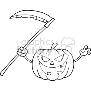 6637 Royalty Free Clip Art Back And White Scaring Halloween Pumpkin With A Scythe Cartoon Illustration