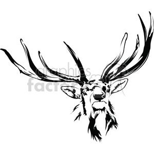 This clipart image features the head of an elk with large, prominent antlers. The elk appears to be staring forward, and the image is in a black and white silhouette style, emphasizing the contrast and the details in the elk's features and antlers.