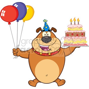 The image is a clipart of a cartoon dog celebrating a birthday. The dog is standing up, holding three colorful balloons in its left paw and a birthday cake with candles in its right paw. The dog is wearing a party hat and has a happy expression.