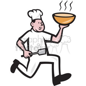 cook running with spatula and hot bowl
