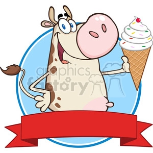 This is a clipart image featuring a funny cartoon cow. The cow has large, googly eyes and a big, pink nose. It is holding an ice cream cone topped with a scoop of vanilla ice cream and sprinkles, including a cherry on top. The cow looks happy and excited. The background includes a blue circle, and there's a red banner at the bottom, suggesting a place for custom text or messaging.
