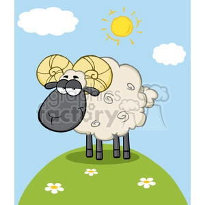 This image is a cartoon depiction of a funny sheep standing on a grassy hill with a whimsical expression. The sheep has a large, fluffy white body with a black face and oversized, spiraled yellow horns. There are daisies on the ground, white clouds in the sky, and a simple drawing of the sun. The overall tone of the image is lighthearted and cheerful, aimed at evoking humor and maybe targeted towards children.