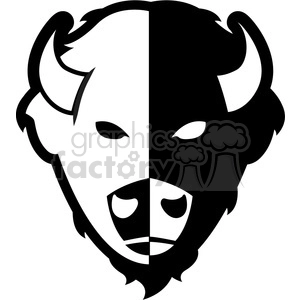 The image is a symmetrical black and white clipart of a bison (buffalo) head. It is designed in a stylized way that could be used as a logo or tattoo design, depicting the face of the bison with prominent features such as the horns, eyes, and ears.