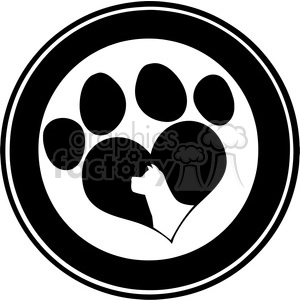 Royalty Free RF Clipart Illustration Love Paw Print Black Circle Banner Design With Dog Head Silhouette