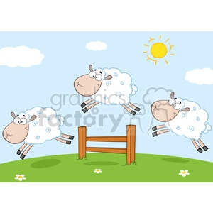 The clipart image depicts three cartoon sheep with exaggerated expressions jumping over a brown fence. The scene is set against a blue sky with a few clouds and a yellow sun shining brightly. The ground is green, suggesting it’s a grassy field, and there's a small white flower with yellow center near the fence.