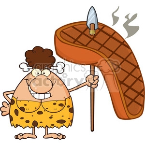 smiling brunette cave woman cartoon mascot character holding a spear with big grilled steak vector illustration