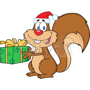 Royalty Free RF Clipart Illustration Happy Squirrel With Santa Hat Holding A Gift