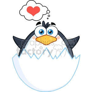 The image shows a funny cartoon penguin with a love heart thought bubble. The penguin is partially hatched and is peeking out from a cracked eggshell.