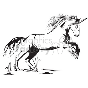 This clipart image shows a black and white depiction of a unicorn, a mythical horse-like creature often associated with fantasy, magic, and fairy tales. The unicorn is shown leaping or jumping in a graceful manner.
