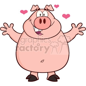 This clipart image features a cartoon-styled representation of a cheerful pink pig. The pig has a big, happy smile, open arms, as if ready for a hug, and there are two small pink hearts floating above its head, suggesting that it is in a loving or joyful mood.