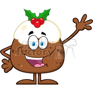 royalty free rf clipart illustration happy christmas pudding cartoon character waving for greeting vector illustration isolated on white