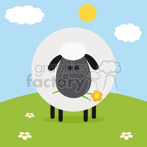 The image is a cartoon-style clipart of a sheep standing in a green field under a blue sky with a few clouds and a yellow sun. The sheep has a round fluffy white body, a dark face with eyes and ears, and is holding a yellow flower in its mouth. The sheep also has black legs. There are a few white daisies scattered in the grass around the sheep.