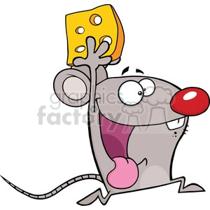 The clipart image depicts a comical cartoon mouse with an exaggeratedly large, red nose and big, wide eyes. The mouse looks ecstatic with a huge, open-mouthed smile, showcasing its tongue, and is seemingly running. Its left hand is raised high, holding a large piece of Swiss cheese, indicated by the holes, which traditionally represent Swiss cheese in cartoons.
