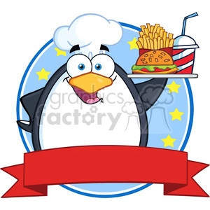 The clipart image displays a cartoon penguin wearing a chef's hat. The penguin is holding a tray with a hamburger, a pile of french fries, and a soft drink with a straw. The background has a blue circle with yellow stars and there's a red ribbon banner at the bottom, which could potentially hold text. The image depicts a jovial, food-themed character, commonly used for children's menus, party invitations, or as a cute mascot for food-related content.