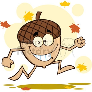 Royalty Free RF Clipart Illustration Happy Acorn Cartoon Mascot Character Running With Fall Leaves Background