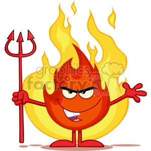 Royalty Free RF Clipart Illustration Evil Fire Cartoon Mascot Character Holding Up A Pitchfork In Front Of Flames