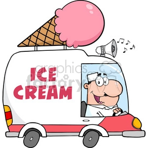Royalty Free RF Clipart Illustration Happy Ice Cream Man Driving Truck