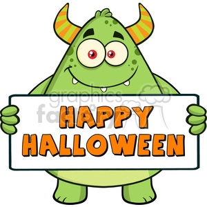 8935 Royalty Free RF Clipart Illustration Smiling Horned Green Monster Cartoon Character Holding Happy Halloween Sign Vector Illustration Isolated On White