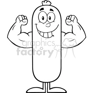 8483 Royalty Free RF Clipart Illustration Black And White Smiling Sausage Cartoon Character Flexing Vector Illustration Isolated On White