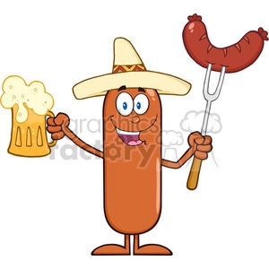 8450 Royalty Free RF Clipart Illustration Happy Mexican Sausage Cartoon Character Holding A Beer And Weenie On A Fork Vector Illustration Isolated On White