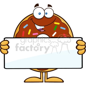 8694 Royalty Free RF Clipart Illustration Chocolate Donut Cartoon Character With Sprinkles Holding a Blank Sign Vector Illustration Isolated On White