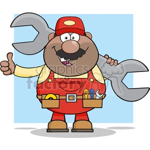 8547 Royalty Free RF Clipart Illustration African American Mechanic Cartoon Character Holding Huge Wrench And Giving A Thumb Up Vector Illustration With Background