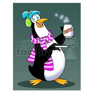 sal the cartoon penguin character drinking hot coffee