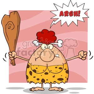 This clipart image features a cartoonish depiction of a cavewoman. She's standing with an outraged expression yelling ARGH! and is holding a large club in one hand. Her hair is red, styled up with bones, and she's wearing a spotted garment typical of stereotypical caveman attire. The background is a simplistic pink gradient.