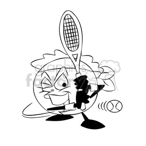 terry the tennis ball cartoon character playing tennis black white