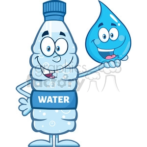 The clipart image depicts two anthropomorphic characters: a clear plastic water bottle with a label that says WATER, and a water droplet, both with friendly faces, arms, and legs. The water bottle is standing with its hand on its hip and one arm around the water droplet, which appears to be smiling and gesturing as if talking.