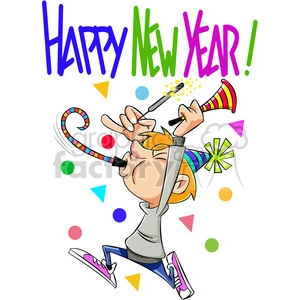 The clipart image shows a cartoon-style illustration of a New Year's celebration, featuring a guy running around with noise makers. Overall, the image represents a festive and joyful celebration of the new year.
