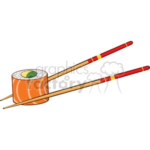 The clipart image features a piece of sushi with a slice of fish on top, rice underneath, and a piece of green garnish, possibly avocado, in the center. There are also two chopsticks crossed behind the sushi roll, with red detailing on the handles.