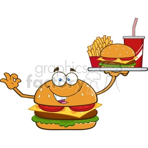 illustration burger cartoon mascot character holding a platter with burger, french fries and a soda vector illustration isolated on white background