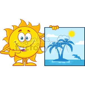 In the clipart image, there is a cheerful anthropomorphic sun character holding a picture. The sun has a big smile, eyes, and legs. The picture being held by the sun depicts a simple tropical scene with two palm trees on an island, the sea, a dolphin jumping out of the water, and a smaller sun in the sky with clouds.