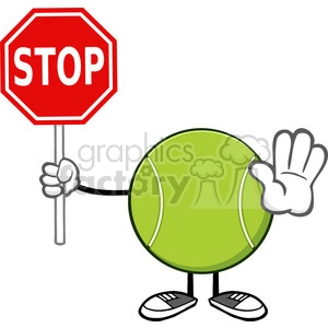 tennis ball faceless cartoon mascot character gesturing and holding a stop sign vector illustration isolated on white background
