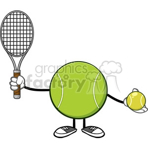 The image is a cartoon-style clipart featuring an anthropomorphized tennis ball character. The character has arms and legs, with one hand holding a tennis racket and the other hand holding a smaller tennis ball. The character has simple facial features with no discernible expression.