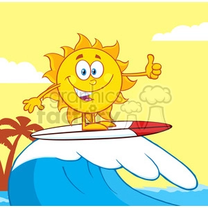 surfer sun cartoon mascot character riding a wave and showing thumb up vector illustration with background