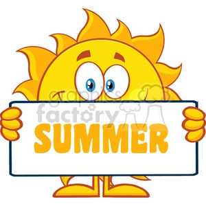 The clipart image features an anthropomorphic smiling sun character holding a sign that says SUMMER. The sun has a bright yellow color with orange flames for rays and a friendly face with large blue eyes. It is standing upright on two legs and using its 'hands' to hold the sign.