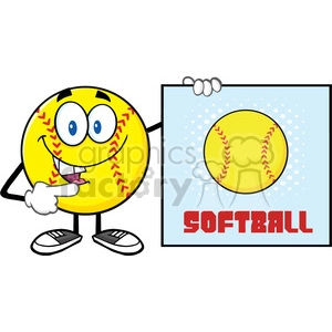talking softball cartoon mascot character pointing to a sign with text softball vector illustration isolated on white background