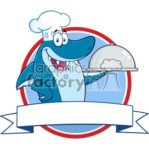 The clipart image depicts a cartoonish shark character wearing a chef's hat and holding a silver serving tray with a lid. The shark has a friendly expression, showing teeth in a smile, and has eyes that appear to be looking upward. The character is also adorned with a small anchor tattoo on its left arm. Behind the shark is a circular backdrop with alternating red and blue stripes, and at the bottom foreground, there is a blank white ribbon banner suitable for adding text.
