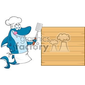 This image features a cartoon shark wearing a chef's hat and an apron, holding a spatula and standing next to a blank wooden sign. The shark has a friendly and amusing appearance and the signboard has space where text can be added.