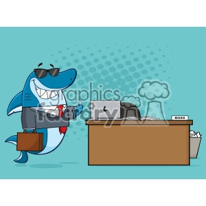 This clipart image depicts an anthropomorphic shark dressed in business attire, including a tie and holding a briefcase. The shark stands beside a desk with an open book, a laptop featuring a fruit logo, and a nameplate that says BOSS. It also wears sunglasses and has a happy expression, along with a thumbs up gesture. Additionally, there's a trash can with crumpled paper next to the desk, suggesting an office environment.
