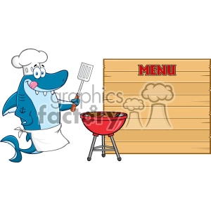 The clipart image features a cartoon character of a chef shark grilling on a barbecue. The shark is wearing a chef's hat, an apron, and is holding a spatula with a sausage on it. Next to the shark there is a red charcoal grill with two steaks cooking on it. The background includes a wooden board with the word MENU written at the top in bold red letters, providing space for a menu list or other text.