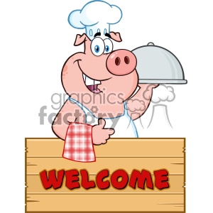 The image is a clipart illustration of a cartoon pig chef. The pig is standing behind a wooden sign that has the word WELCOME written on it in bold, red letters. The pig is smiling and holding a silver cloche or dish cover, suggesting that it is ready to serve food. The pig is wearing a chef's hat and an apron, and it's also giving a thumbs-up gesture with one hand, indicating friendliness and readiness to welcome guests. On the wooden sign, there's also a red and white checkered napkin or tablecloth, which is common in restaurant settings.
