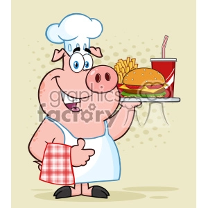 In this clipart image, there is a cheerful cartoon pig wearing a chef's hat and a white apron with a red and white checkered towel hanging from its pocket. The pig is holding a tray with a hamburger, a pile of French fries, and a red cup with a straw that likely represents a soft drink. The pig is smiling and giving a thumbs-up gesture.
