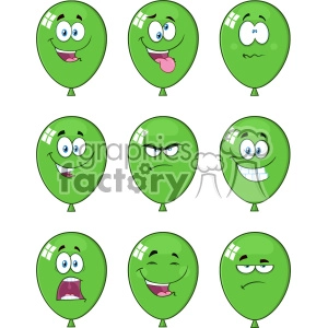 This set includes 9 different green balloons, with varying expressions - from happy, confused, angry, worried, and more.