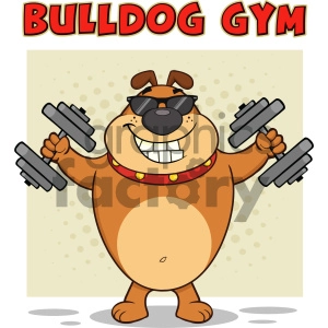 The clipart image features an anthropomorphic bulldog with a humorous, cool demeanor, standing on two legs and holding dumbbells in both hands. The bulldog is wearing sunglasses and a spiked collar. The background has a simple dotted pattern, and above the dog, it reads BULLDOG GYM in bold, red lettering.
