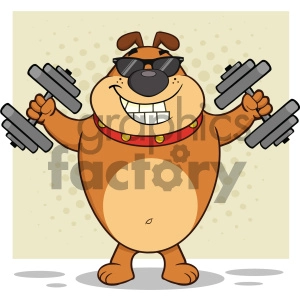 The clipart image depicts a cartoon dog standing upright and holding a dumbbell in each hand as if it's exercising. The dog is smiling and appears to be wearing sunglasses, giving off a cool and confident vibe. It has a collar around its neck, signifying it's a pet. The background is simple with a dotted pattern.