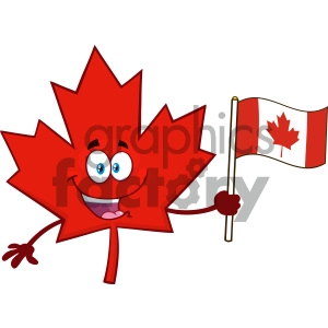 Royalty Free RF Clipart Illustration Happy Canadian Red Maple Leaf Cartoon Mascot Character Holding An Canadian Flag Vector Illustration Isolated On White Background
