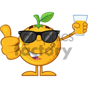 Royalty Free RF Clipart Illustration Orange Fruit Cartoon Mascot Character With Sunglasses Holding Up A Glass Of Juice And Giving A Thumb Up Vector Illustration Isolated On White Background